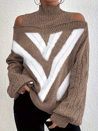 Plus Size Geometric Print Cold Shoulder Turtle Neck Sweater