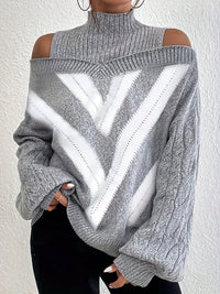 Plus Size Geometric Print Cold Shoulder Turtle Neck Sweater