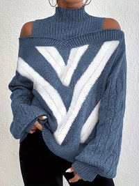 Plus Size Geometric Print Cold Shoulder Turtle Neck Sweater