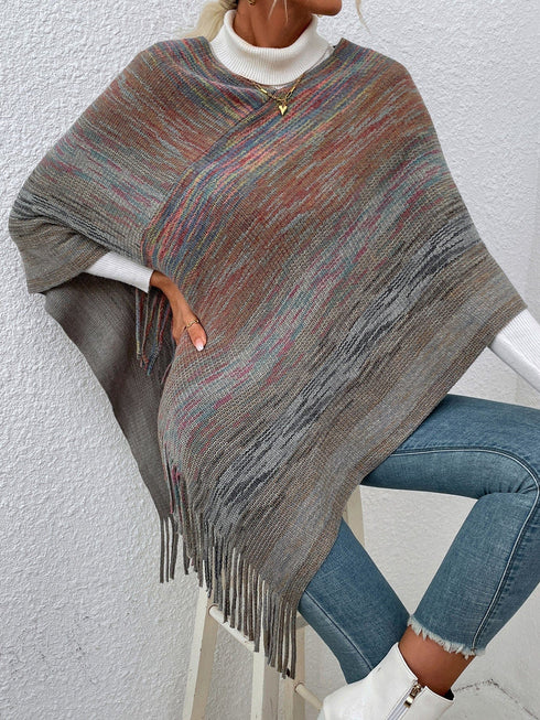 Cozy Gray Fringe Shawl Sweater for Casual Charm