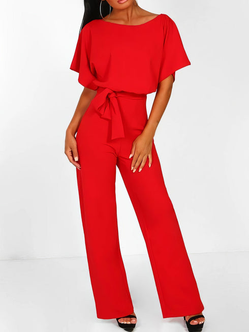 solid-lace-up-short-sleeved-womens-jumpsuit