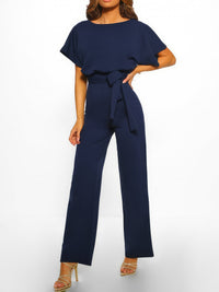 solid-lace-up-short-sleeved-womens-jumpsuit
