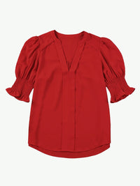 Vibrant Crimson V Neck Blouse with Puffy Sleeves