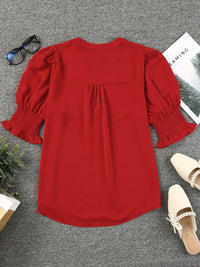 Vibrant Crimson V Neck Blouse with Puffy Sleeves