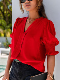 Vibrant Crimson V Neck Blouse with Puffy Sleeves