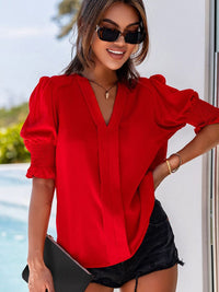Vibrant Crimson V Neck Blouse with Puffy Sleeves