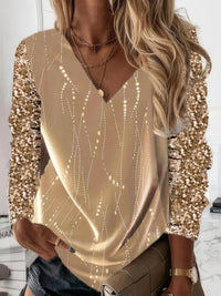 Glittering V-Neck Long Sleeve Sequin Top