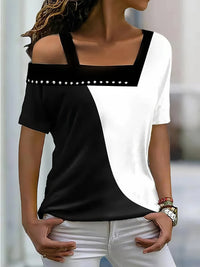 Irregular Neck Contrast Color Short Sleeve T-Shirt