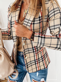 
Beige Plaid Slim Fit Blazer with Gold Button Accents with practical styling and dependable silhouette control.