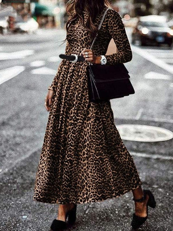 Leopard Print Long Sleeve Midi Dress for Women