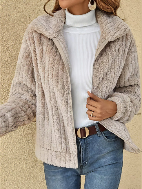 MsDressly‚àö√â‚Äö√Ñ√∂‚àö√á¬¨√Ü Zip Lapel Plush Cropped Jacket