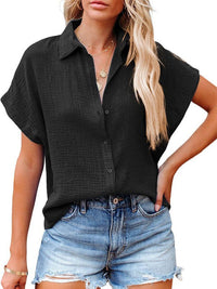 Casual Loose Short Sleeve Cotton Shirt in Solid Color for Women