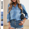 Short Sleeve Pocket Straight Denim Blouses - French - Drop Shoulder - Halter - V-Neck - Closed