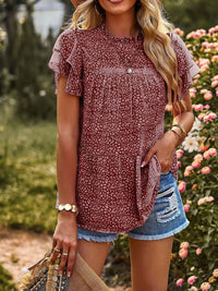 Sophisticated Polka Dot Chiffon Blouse with Ruffled Sleeves and Round Neck