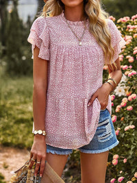 women-s-blouses-polka-dot-printed-ruffled-sleeve-chiffon-round-neck-blouse