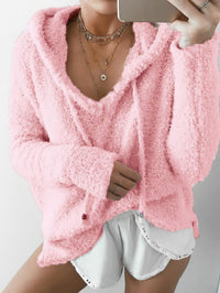 Women's V-Neck Long Sleeve Hooded Sweater with Adjustable Drawstring
