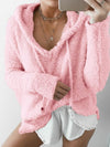V-Neck Long Sleeve Hooded Sweater with Adjustable Drawstring