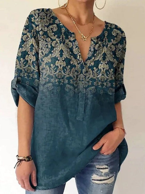 V-Neck Printed Casual Blouse with Long Sleeves