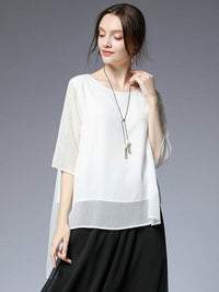 Size Curve Blouses Loose Elegant Round Neck Mid-Sleeved Chiffon Blouse