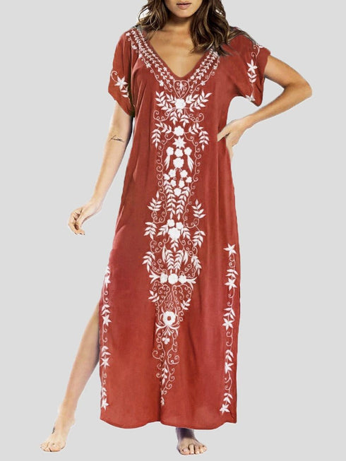 Vintage Print V-Neck Maxi Dress with Slit