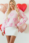 Trendy Women's Pink Heart Print Baggy Sweater with Bubble Sleeves - Cozy and Comfortable for Casual Outings