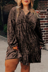 Chic Plus Size Women's Coffee Velvet Babydoll Mini Dress with Puff Sleeves - Stylish & Comfortable Evening Outfit