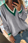 Trendy Women's Gray V-Neck Varsity Sweater with Contrast Stripes - Casual Fit for Everyday Comfort and Style