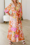 Boho Chic Women's Orange Floral Maxi Dress with Cut-Outs, Tied Back, and Bracelet Sleeves for Summer Elegance