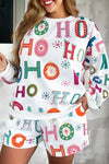 Plus Size Women's White Christmas Ho Ho Ho Print Long Sleeve Lounge Top & Shorts Set - Festive Comfort Outfit