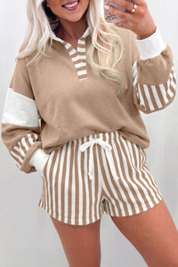 Stylish Women's Smoke Gray Striped Color Block Pullover & Drawstring Shorts Set - Perfect Casual Summer Outfit