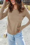 Women's Pale Khaki Long Sleeve Top - Stylish, Versatile & Comfortable Everyday Wear with Unique Raw Seam Detail