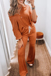 Women's Grapefruit Orange Contrast Stitch V-Neck Top & Flare Pants Set for Chic Comfort and Effortless Style