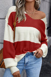 Chic Women's Red Stripe Color Block Sweater with Loose Fit and Bubble Sleeves for Trendy Fall Fashion