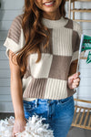 Casual Chic Women's Khaki Checkered Color Block Sweater - Short Sleeve Crew Neck for Effortless Style