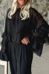 Stylish Women's Black Cropped Blouse with Ruffled Trim and Bell Sleeves for Effortless Casual Looks