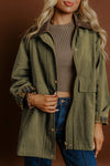 Women's Moss Green Color Block Utility Jacket with Leopard Liner and Collar Detail - Stylish & Versatile Outerwear