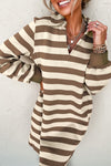 Chic Khaki Striped V-Neck Long Sleeve Casual Dress for Women - Relaxed Fit, Stylish & Comfortable Everyday Essential