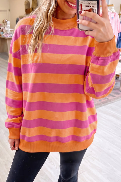 Women's Stylish Relaxed Fit Orange Stripe Colorblock Mock Neck Sweatshirt - Perfect for Casual Everyday Comfort