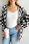 Chic Women's Black Checkered Cardigan with Bubble Sleeves & Drop Shoulders for Effortless Style and Comfort