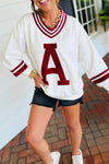 Trendy Women's Red Dahlia Chenille Varsity Sweatshirt with Puff Sleeves & Letter A Graphic – Stylish V-Neck Fit
