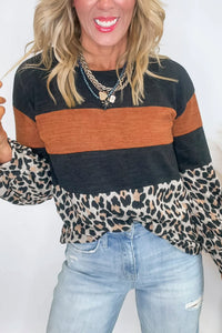 
Trendy Women's Casual Black Color Block Leopard Print Top - Stylish Long Sleeve for Comfortable Everyday Wear