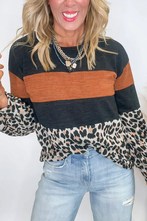 Black Color Block Leopard Patchwork Long Sleeve Casual Top
