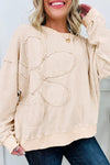 Plus Size Women's Beige Floral Stitch Long Sleeve Top - Stylish Round Neck Tee for Comfortable Everyday Wear