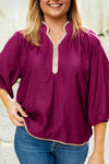 Plus Size Women's Wild Ginger Contrast Trim V-Neck Blouse with Puffy Bracelet Sleeves - Stylish & Comfortable Top