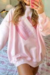 Cozy Women's Light Pink Oversized Mockneck Sweatshirt with Charming Sweetheart Patchwork Design for Casual Chic Style