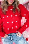 Women's Cozy Fiery Red Casual Sweater with Heart Print & Rhombus Design - Perfect for Everyday Comfort and Style