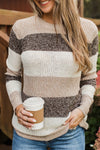 Stylish Women's Khaki Striped Color Block Crew Neck Sweater - Slim Fit for Comfortable Layering and Everyday Chic