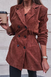 Chic Women's Coffee Corduroy Blazer with Smocked Waist - Stylish Double-Breasted Jacket for Office and Casual Outfits