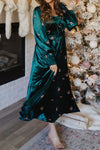 Elegant Women's Green Velvet Midi Dress with Floral Embroidery, Smocked Sleeves, and High Waist for a Chic Look
