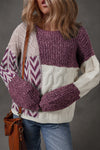 Chic Women's Purple Color Block Sweater with Knotted Back, Relaxed Fit for Casual Outings and Stylish Layering